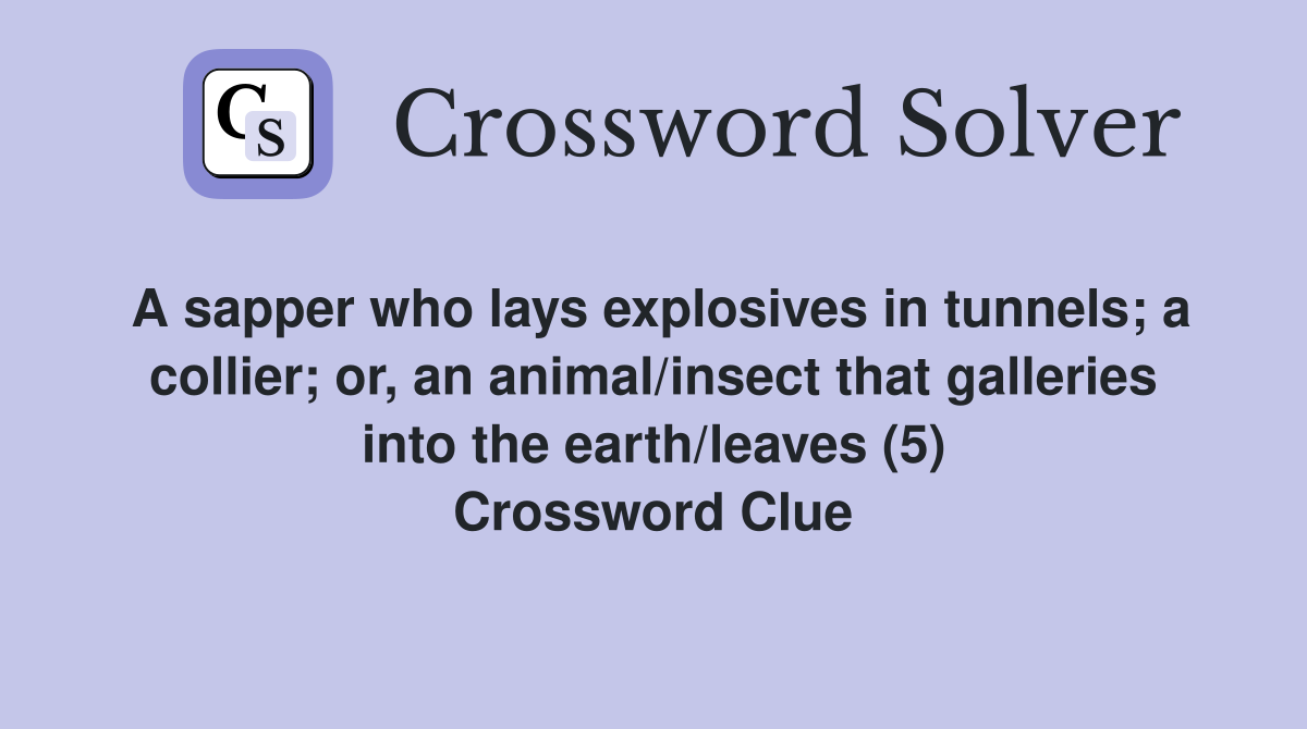 A sapper who lays explosives in tunnels; a collier; or, an animal/insect that galleries into the earth/leaves (5) Crossword Clue