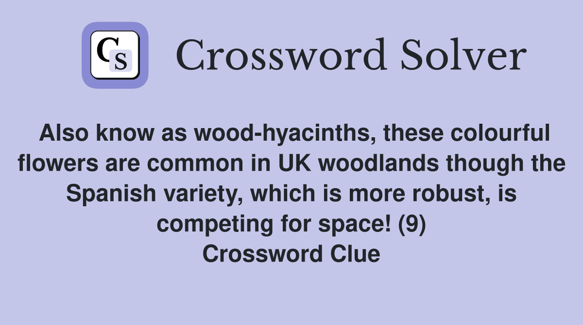 Also know as wood-hyacinths, these colourful flowers are common in UK woodlands though the Spanish variety, which is more robust, is competing for space! (9) Crossword Clue