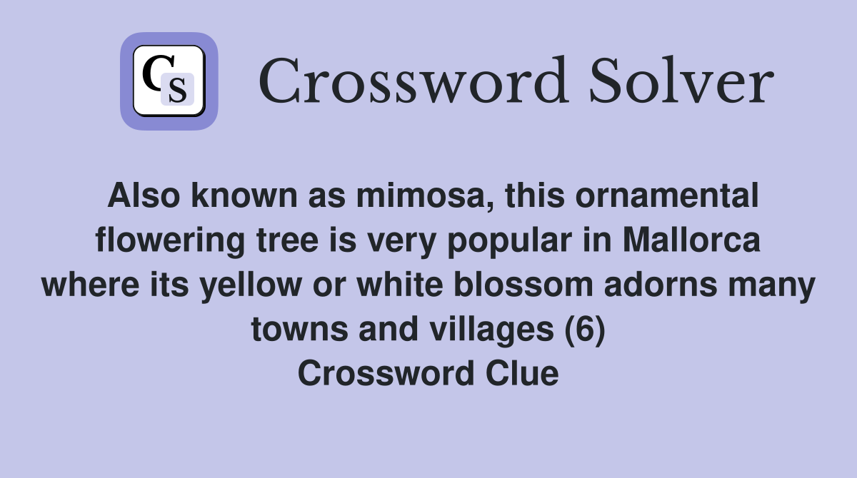 Also known as mimosa, this ornamental flowering tree is very popular in Mallorca where its yellow or white blossom adorns many towns and villages (6) Crossword Clue