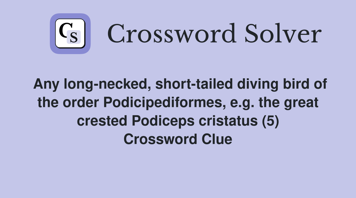 Any long-necked, short-tailed diving bird of the order Podicipediformes, e.g. the great crested Podiceps cristatus (5) Crossword Clue