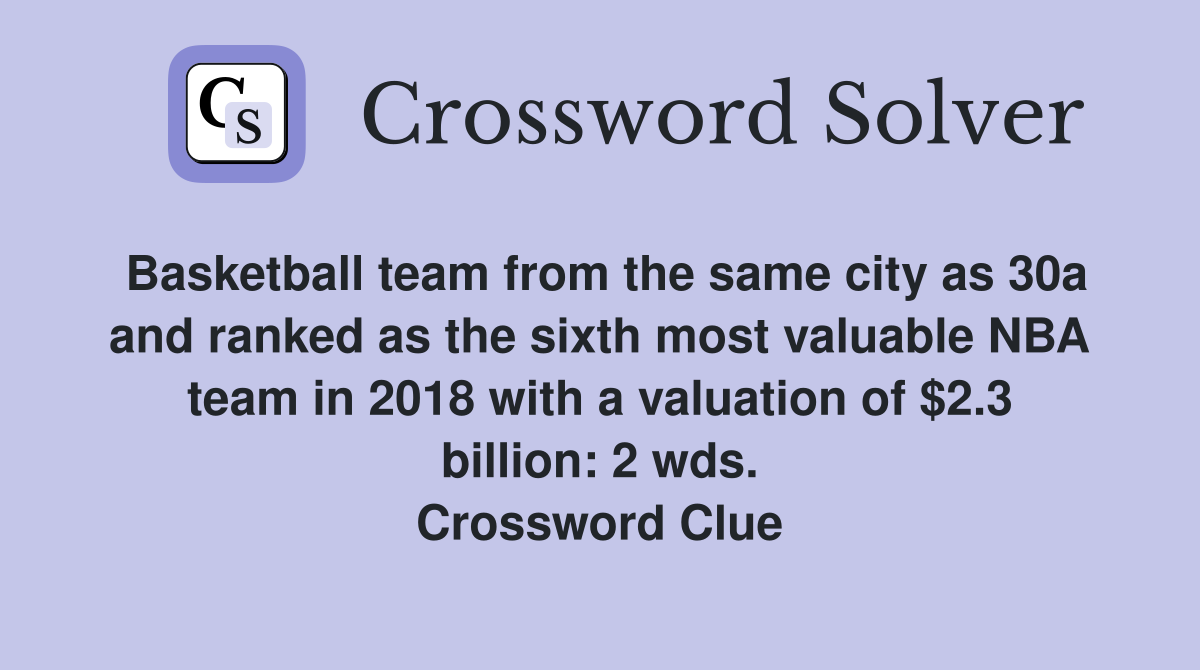 Basketball team from the same city as 30a and ranked as the sixth most valuable NBA team in 2018 with a valuation of $2.3 billion: 2 wds. Crossword Clue