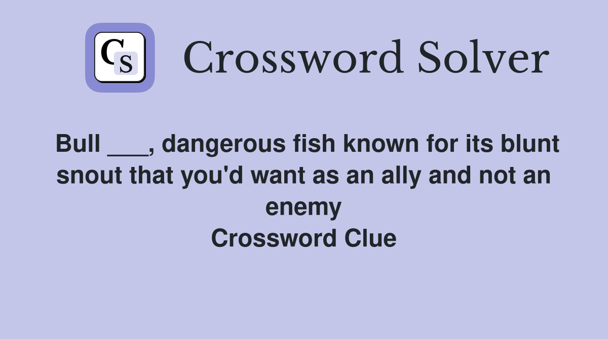 Bull ___, dangerous fish known for its blunt snout that you'd want as an ally and not an enemy Crossword Clue