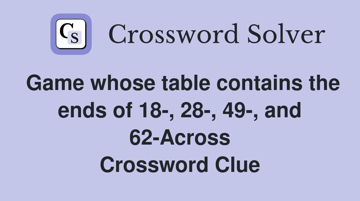 Game whose table contains the ends of 18-, 28-, 49-, and 62-Across Crossword Clue