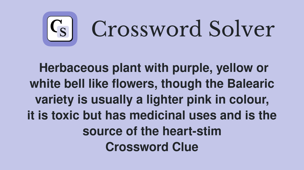 Herbaceous plant with purple, yellow or white bell like flowers, though the Balearic variety is usually a lighter pink in colour, it is toxic but has medicinal uses and is the source of the heart-stim Crossword Clue
