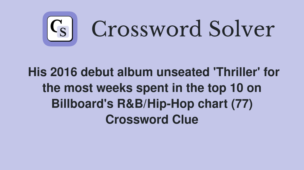 His 2016 debut album unseated 'Thriller' for the most weeks spent in the top 10 on Billboard's R&B/Hip-Hop chart (77) Crossword Clue