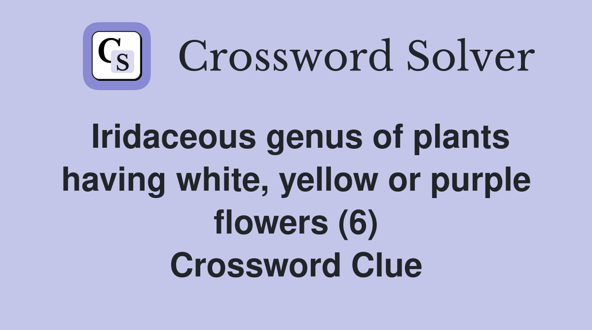 Iridaceous genus of plants having white, yellow or purple flowers (6) Crossword Clue