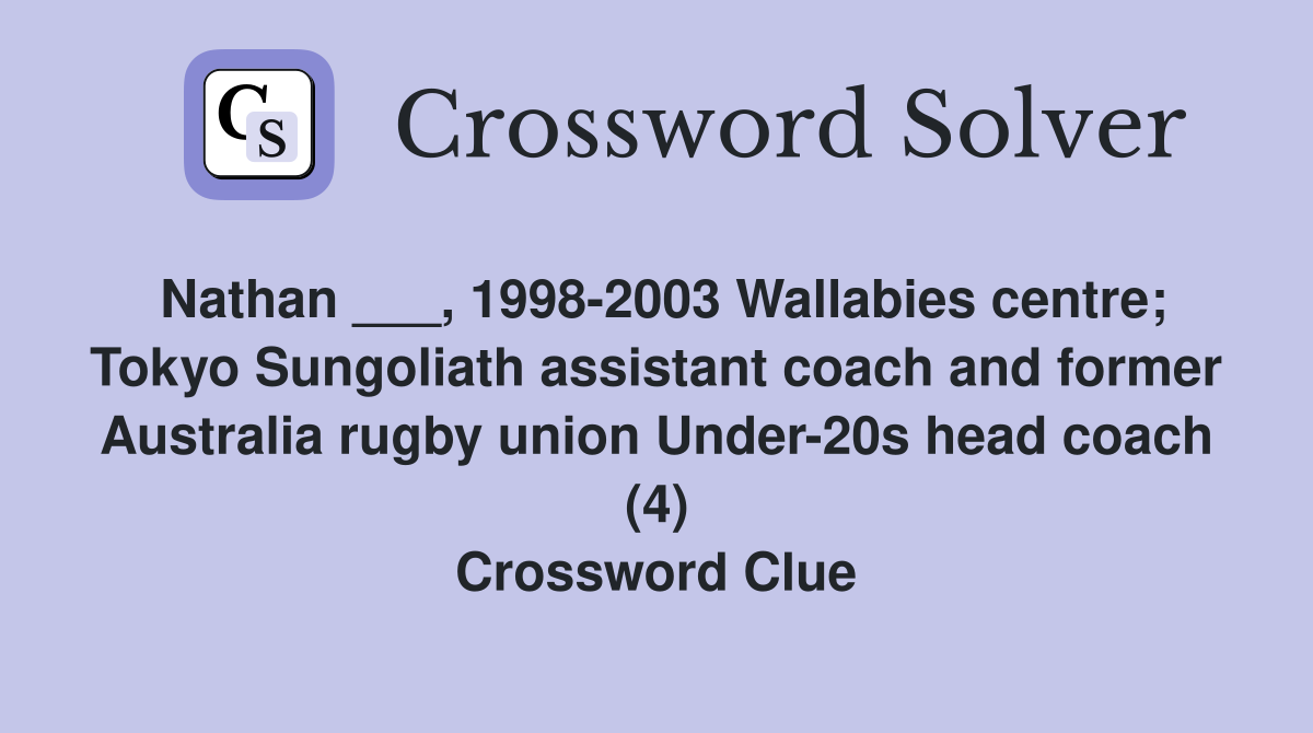 Nathan ___, 1998-2003 Wallabies centre; Tokyo Sungoliath assistant coach and former Australia rugby union Under-20s head coach (4) Crossword Clue