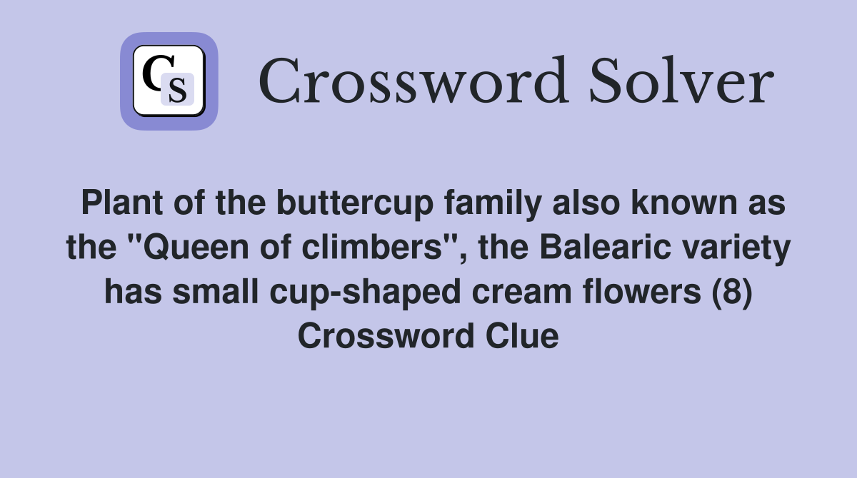 Plant of the buttercup family also known as the "Queen of climbers", the Balearic variety has small cup-shaped cream flowers (8) Crossword Clue