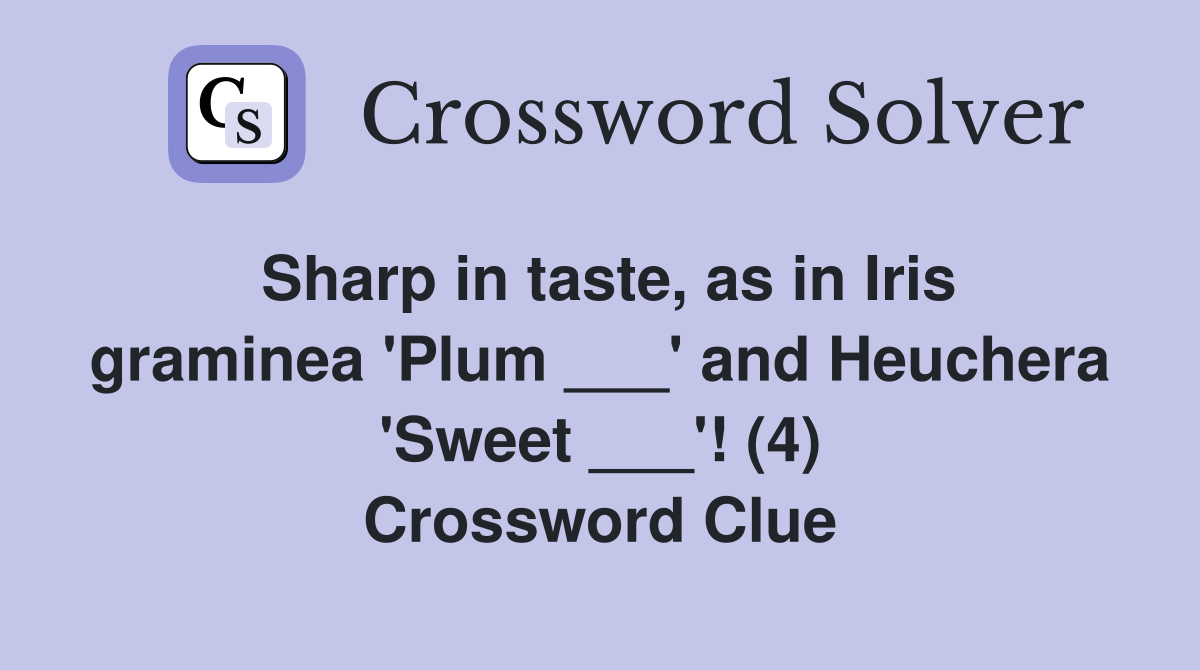 Sharp in taste, as in Iris graminea 'Plum ___' and Heuchera 'Sweet ___'! (4) Crossword Clue