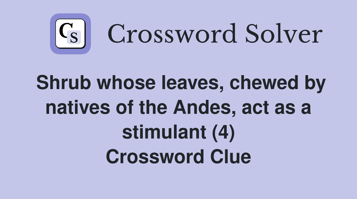 Shrub whose leaves, chewed by natives of the Andes, act as a stimulant (4) Crossword Clue