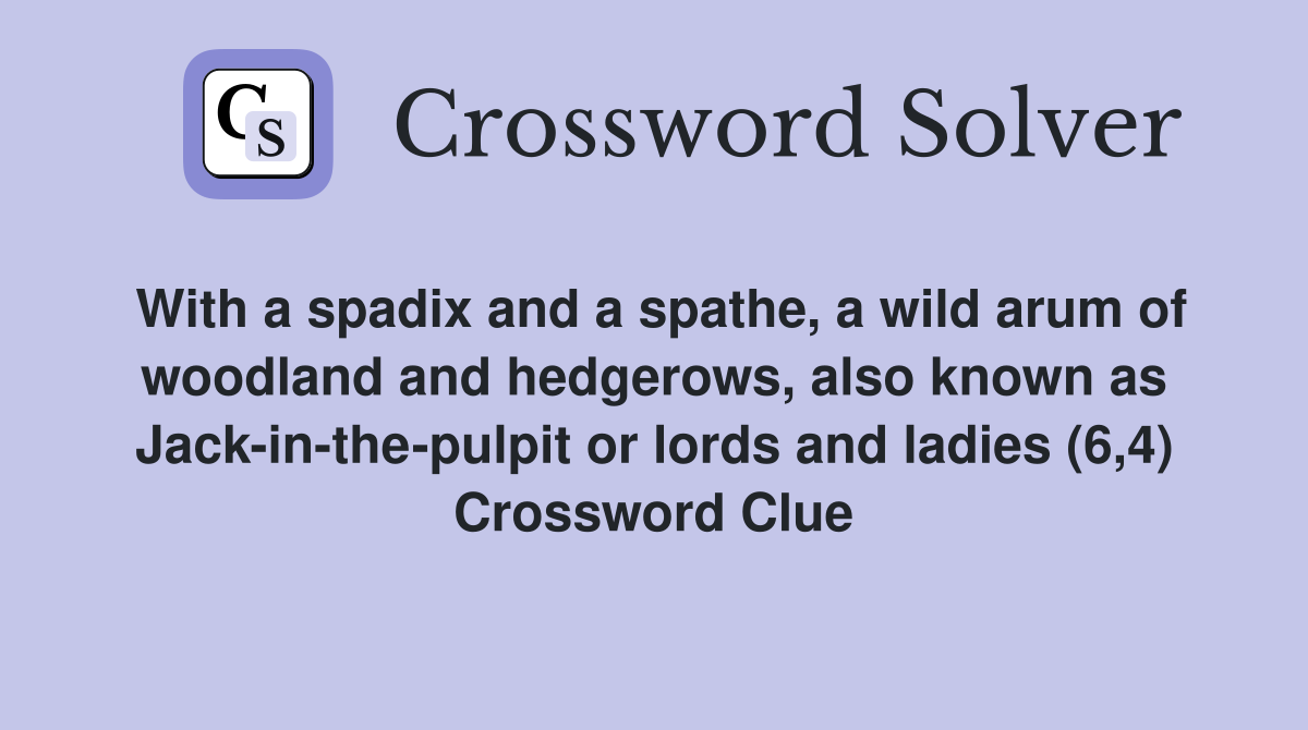 With a spadix and a spathe, a wild arum of woodland and hedgerows, also known as Jack-in-the-pulpit or lords and ladies (6,4) Crossword Clue
